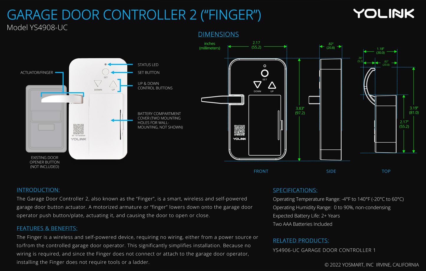 YoLink Finger: Universal Garage Door Controller, YoLink Hub Required
