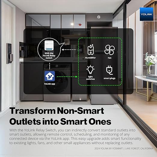 YoLink Relay Switch for Indoor Lighting, Any Home Appliances, Electric Circuits, Office Equipment up to 15A, Real-Time Power Monitor, App Push, Email, SMS, Alexa, Google, IFTTT, HA, Hub Required