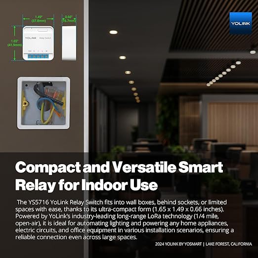 YoLink Relay Switch for Indoor Lighting, Any Home Appliances, Electric Circuits, Office Equipment up to 15A, Real-Time Power Monitor, App Push, Email, SMS, Alexa, Google, IFTTT, HA, Hub Required