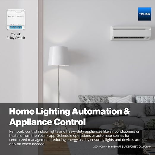 YoLink Relay Switch for Indoor Lighting, Any Home Appliances, Electric Circuits, Office Equipment up to 15A, Real-Time Power Monitor, App Push, Email, SMS, Alexa, Google, IFTTT, HA, Hub Required