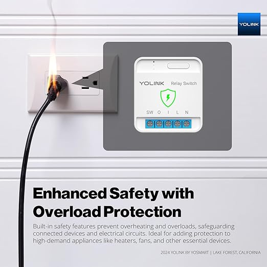 YoLink Relay Switch for Indoor Lighting, Any Home Appliances, Electric Circuits, Office Equipment up to 15A, Real-Time Power Monitor, App Push, Email, SMS, Alexa, Google, IFTTT, HA, Hub Required