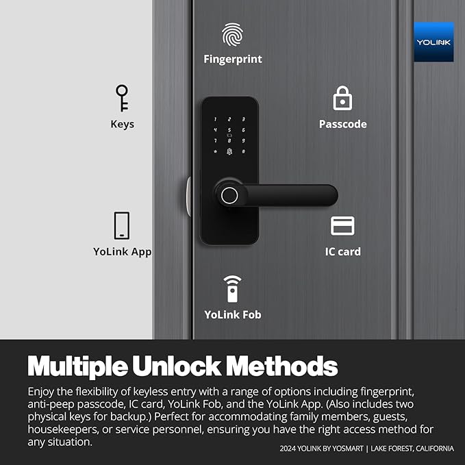 YoLink Smart Lever Lock, Smart Handle Lock, Door Lock with Fingerprint, Keypad, IC Card, YoLink Fob and App Control – Secure, Alexa, Google, IFTTT and Home Assistant – YoLink Hub Required