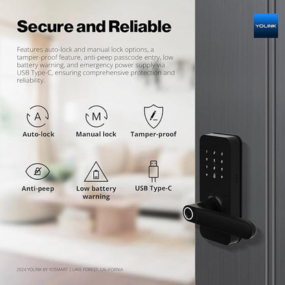 YoLink Smart Lever Lock, Smart Handle Lock, Door Lock with Fingerprint, Keypad, IC Card, YoLink Fob and App Control – Secure, Alexa, Google, IFTTT and Home Assistant – YoLink Hub Required